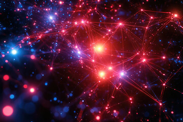 Poster - Abstract cosmic network with red and blue glowing nodes and interconnected lines, resembling a futuristic or technological galaxy.