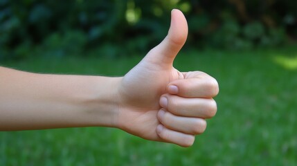 Close-up of caucasian adult female hand giving thumbs up gesture in outdoor setting