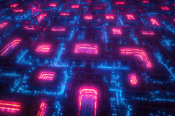 Leinwandbilder - Abstract digital landscape with glowing pink and blue circuit board patterns.
