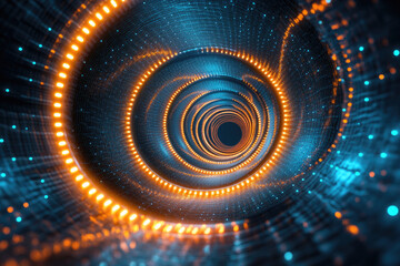 Poster - Abstract swirling tunnel of light, glowing orange and blue, digital art.