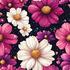 Wall Mural - Seamless Pattern - Cosmic Bloom: Pink and white flowers against a dark, starry background.