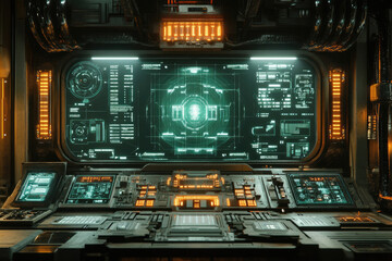 Poster - Futuristic spaceship control panel with holographic displays showing various system data and navigational information.