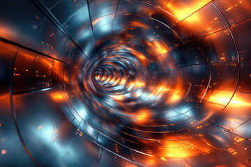 Poster - Abstract futuristic tunnel with glowing metallic walls, swirling into a bright light at the end.