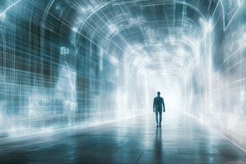 Poster - A solitary figure walks down a futuristic, data-filled tunnel, symbolizing the journey into the digital age.