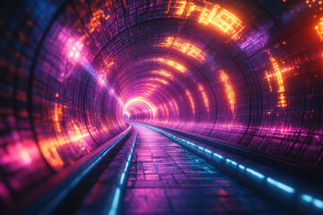 Poster - Neon-lit tunnel path leads to a bright end, vibrant colors and futuristic design.