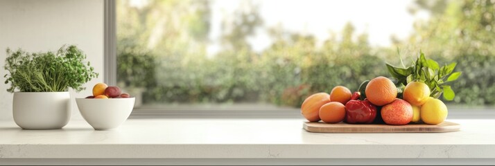 Fototapete - Fresh fruit and herbs displayed on a kitchen counter with natural light streaming through the window. Generative AI