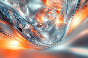 Poster - Abstract digital art depicting flowing metallic textures in shades of silver and orange.