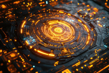 Aufkleber - Futuristic circular technological interface with glowing orange lines and dark metallic surface.