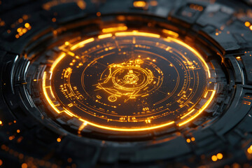 Aufkleber - Glowing orange futuristic interface, complex technological design, circular sci-fi element.