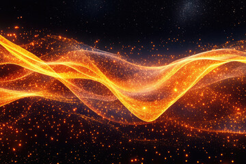 Wall Mural - Glowing orange waves of particles and light shimmer across a dark background, creating an ethereal and mesmerizing effect.