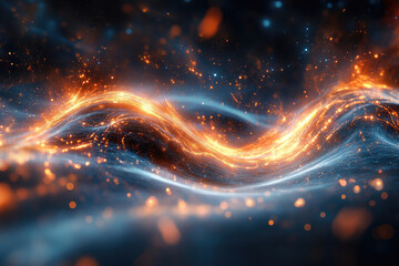 Poster - Abstract cosmic wave of glowing particles, fiery orange and cool blue, creating a mesmerizing visual effect.