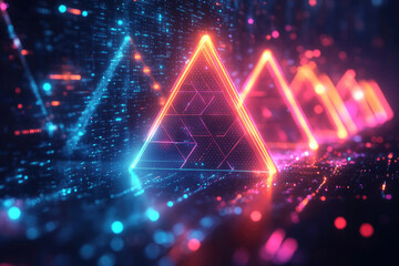 Poster - Neon glowing pyramids in a digital landscape, vibrant colors and intricate details.