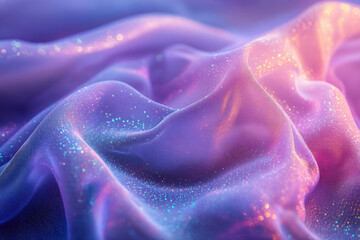 Poster - Close-up of iridescent fabric with glitter, displaying soft, flowing texture and pastel purple and pink hues.