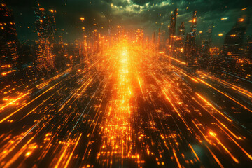 Poster - A futuristic city at night, glowing with vibrant orange light streaks, creating a dynamic and energetic scene.