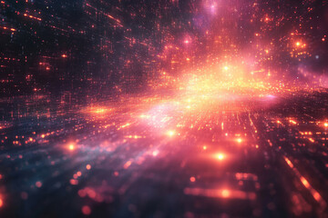 Poster - Abstract digital cityscape, glowing lines and particles forming a futuristic metropolis in warm, vibrant colors.