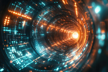 Poster - Abstract digital tunnel with glowing orange and teal lights, representing data flow and futuristic technology.