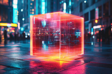 Poster - Glowing cube reflecting a futuristic city at night, showcasing technology and urban life.