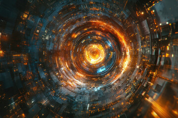 Poster - Abstract digital art depicting a futuristic, glowing, circular technological structure.