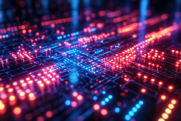 Poster - Abstract representation of a complex network or circuit board with glowing nodes and pathways, signifying digital technology.