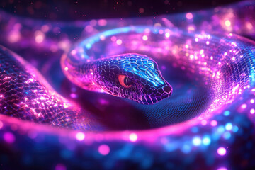 Poster - A vibrant, neon-glowing snake coils, its scales shimmering with pink and blue light.