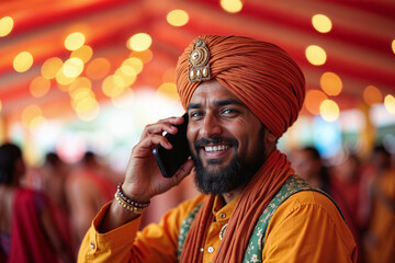 handsome indian man answerign a mobile phone call, wearing traditional indian attire in a festival b