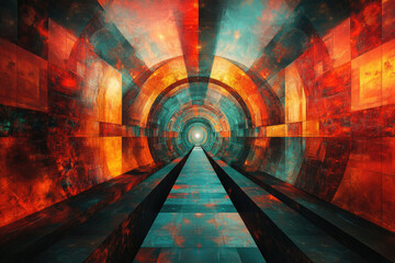 Poster - A mesmerizing digital art depicting a futuristic, rusty tunnel with vibrant orange and teal hues, leading to a bright light.