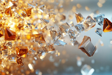 Poster - Shimmering amber and clear crystals float and disperse in mid-air, creating a dazzling, luxurious spectacle.