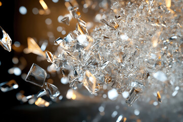 Poster - Shattered glass explodes in a dramatic burst of glittering fragments against a dark background.