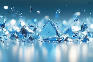 Poster - Shattered ice crystals scatter across a reflective blue surface, a frozen explosion captured in stunning detail.