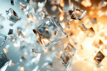 Poster - Floating transparent glass cubes, light reflecting, abstract background.