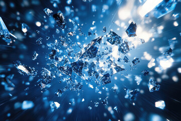 Poster - Shattered blue crystals explode in a radiant burst, dynamic motion and light effects.