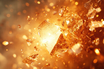 Poster - Shattering golden crystal explodes in a fiery explosion, fragments flying amidst orange sparks.