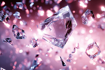Aufkleber - Shattered crystals float in a pink glow, sparkling facets reflecting light.
