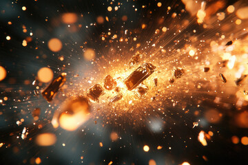 Aufkleber - Fiery explosion of shattered golden fragments, radiating intense light and energy.
