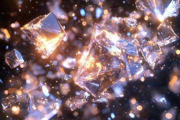 Poster - Glowing crystal shards, fragmented and scattered, illuminate the dark background with their inner light.