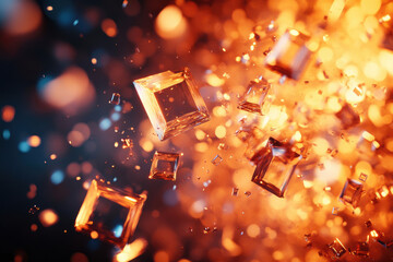 Poster - Glowing, transparent cubes explode in a fiery, bokeh-filled space, creating a dynamic and energetic scene.