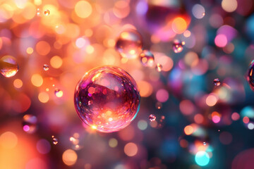 Wall Mural - Floating iridescent bubbles reflected in a vibrant bokeh background, creating a dreamy, magical scene.