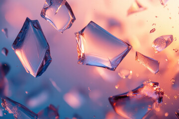 Poster - Shattered crystals float in a vibrant sunset, showcasing iridescent hues and sharp edges.