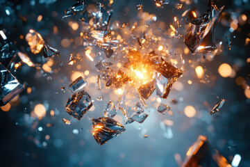 Poster - Shattering glass explosion with glowing fragments, dynamic and intense visual.