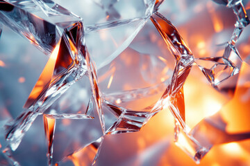 Poster - Shattered glass fragments with orange and blue hues, abstract background.
