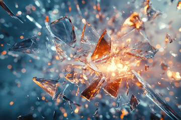 Poster - Shattered glass explodes in a fiery burst, fragments scattering in a dynamic motion.