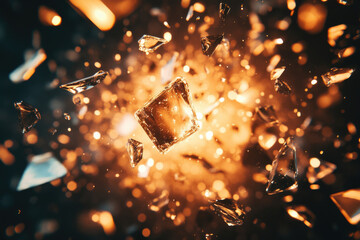 Poster - Shattered glass explodes in a fiery, amber explosion, fragments suspended mid-air.
