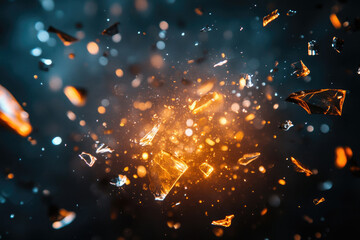 Poster - Shattered glass explodes in a fiery, dramatic burst of orange and blue, creating a mesmerizing spectacle.