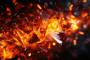 Poster - Shattered glass engulfed in fiery orange flames, an explosion of light and heat.
