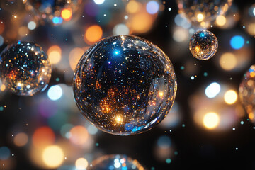 Fototapete - Sparkling glass orbs filled with glittering constellations, bokeh lights, festive, magical.