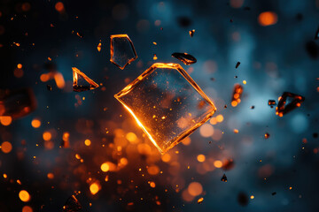 Poster - A shattered glass cube explodes in mid-air, scattering fragments against a dark, bokeh-filled background.