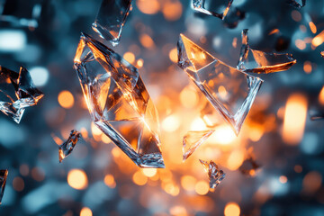 Poster - Shattered crystal fragments suspended in mid-air, illuminated by warm, ambient light.