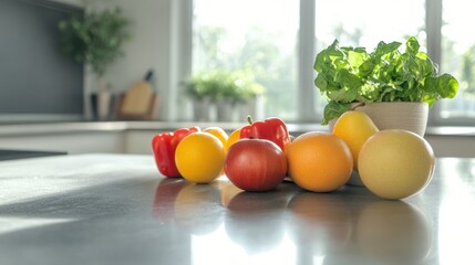 Poster - Fresh fruits and vegetables arranged on a kitchen countertop with sunlight streaming through the windows in a bright morning. Generative AI
