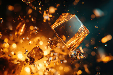 Poster - Shattering golden cube, fragments suspended mid-air, sparkling light, luxury, abstract.