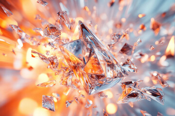 Poster - A large crystal shatters into a myriad of sparkling fragments against a fiery orange backdrop.